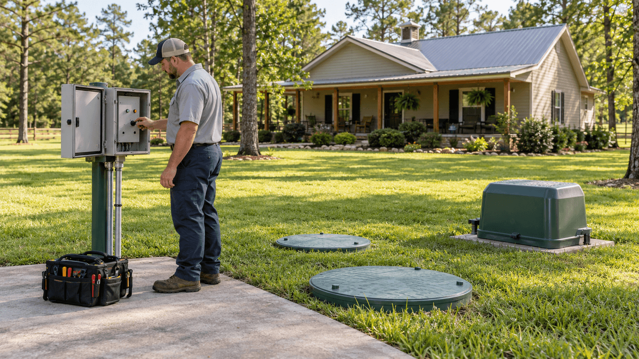 Technician performing routine aerobic septic maintenance at a country home in Huntsville, TX