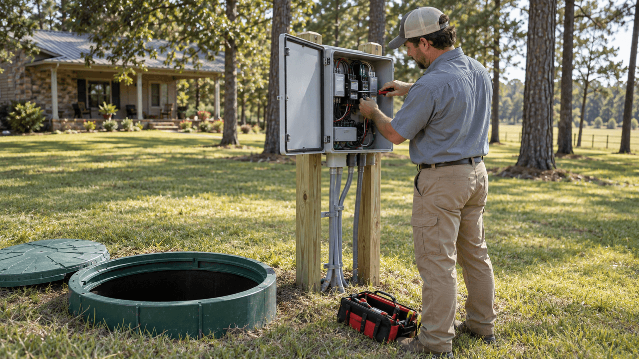 Technician repairing the wiring in an aerobic septic control panel next to an open tank riser