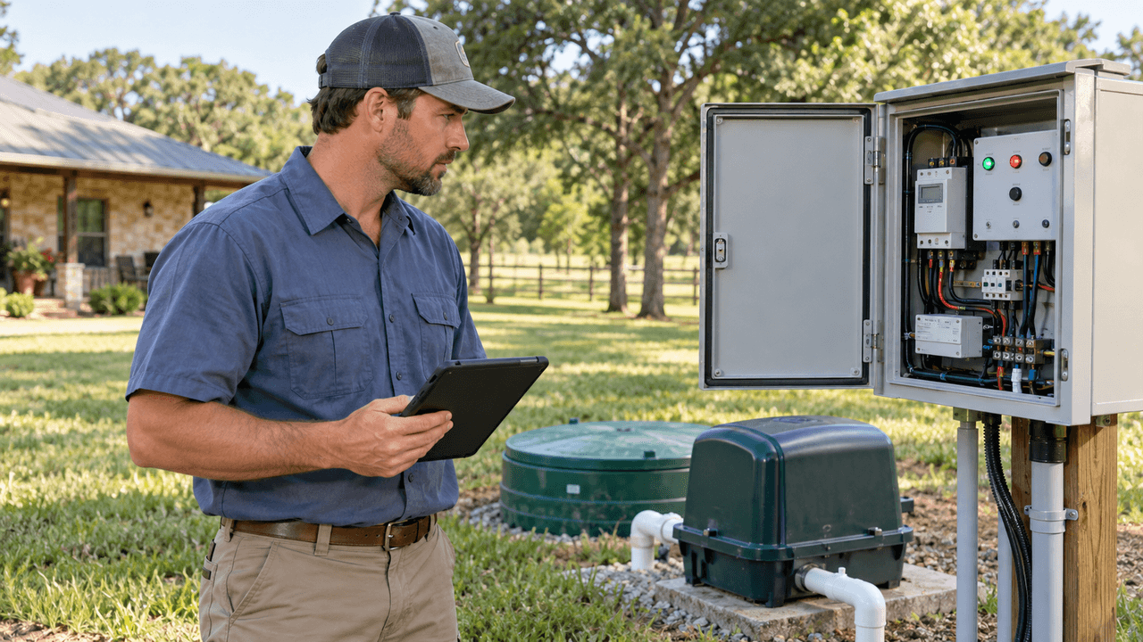 Technician with a tablet inspecting an aerobic septic system and control panel at a rural Texas home