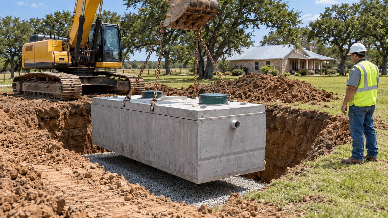 Excavator lowering a concrete aerobic septic tank into the ground at a rural Texas property